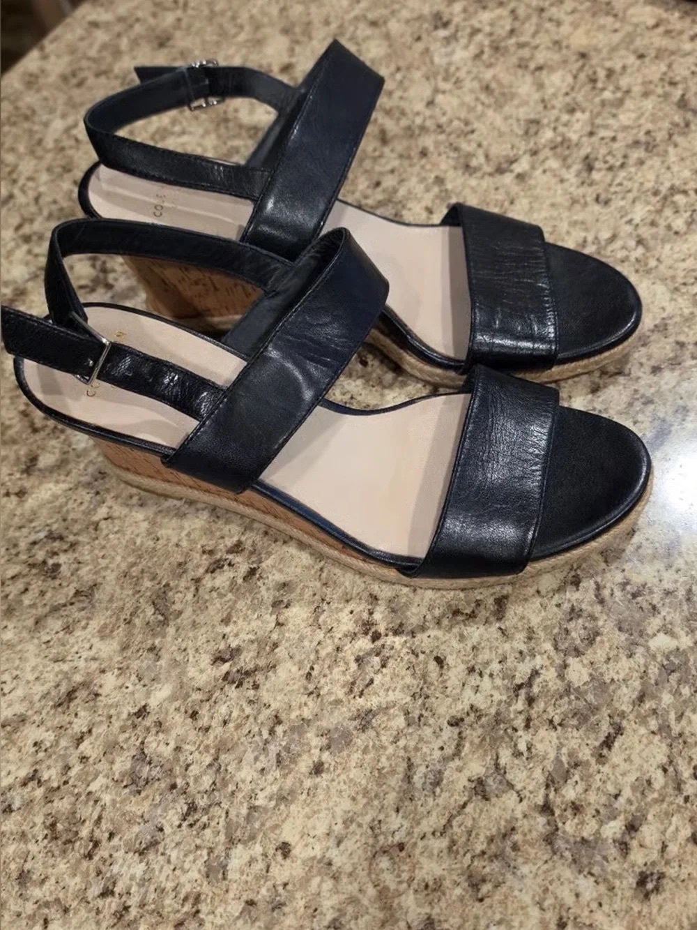 Time and Tru Black Leather Wedge Sandals